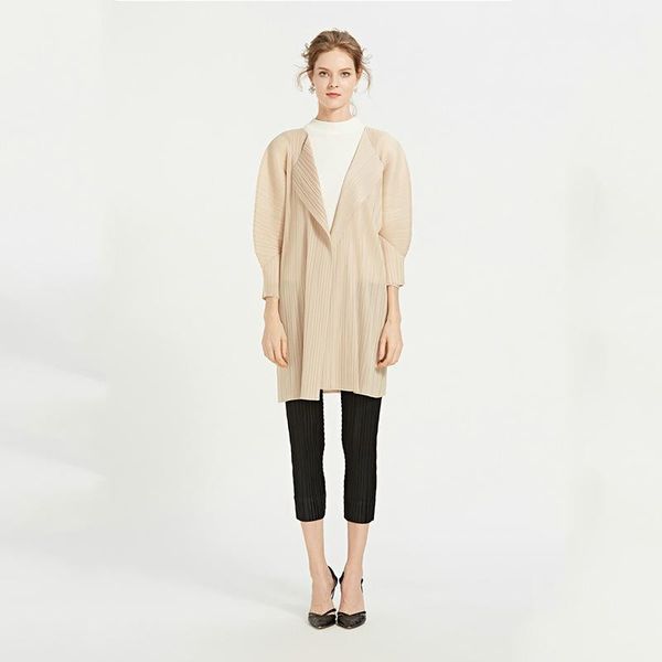 

women's trench coats miyake folds european american fashion long coat 2021spring russian thin pleated cardigan plus size women tp3020, Tan;black