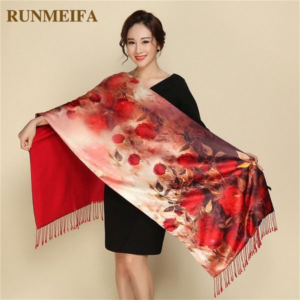 

luxury winter warm flower print silk scarves double sides cashmere wool pashmina tippet shawls and wraps elegant female foulard y200103, Blue;gray