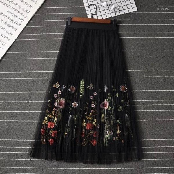 

2019 new puff women mesh tulle long skirt fashion vintage pleated floral embroidery elegant female tutu mid-calf skirts1, Black