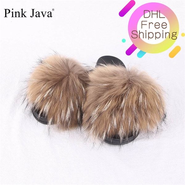 

pink java qc1802 new summer women shoes real raccoon fur slipper luxury indoor slides flats fluffy big raccoon sandals y200706, Black