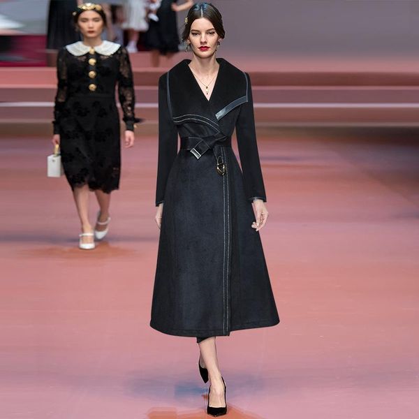 

big lapel long sleeve with collect waist long wool coat dust coat in pu leather stitching 2020 new winter, Black