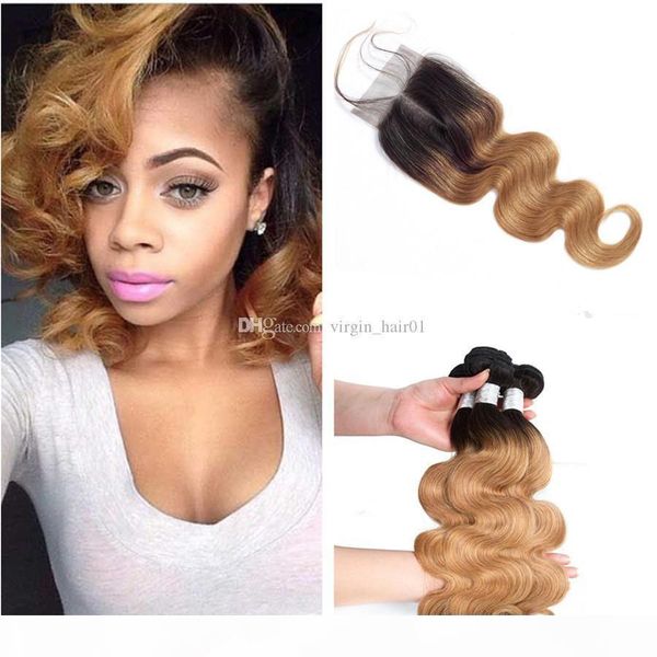 

ombre human hair weave bundles with closure t1b 27 dark root honey blodne body wave two tone colored brazilian virgin hair with closure, Black;brown