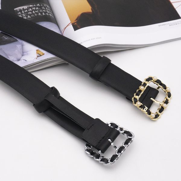 

pearl small fragrance pierced leather chain pin button layer leather belt leather belt lady decorative belt suit small waist seal, Black;brown