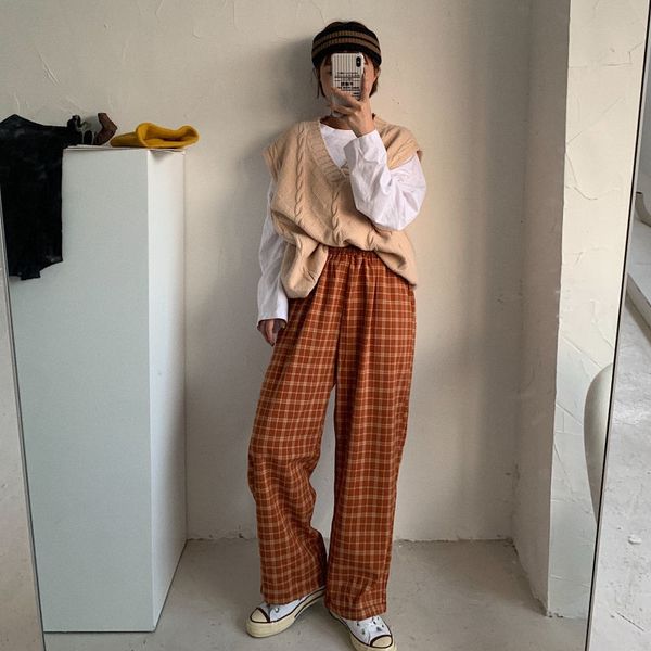 

casual pants women elastic-waist plaid long straight loose 2xl summer new korean style students fashion all-match womens chic 201106, Black;white