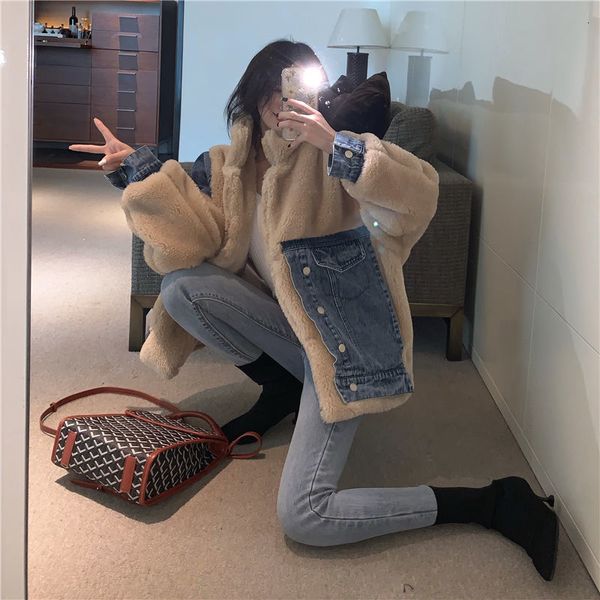 

2021 winter retro-wind chic granola cashmere denim amendment buckle-jacket design ieya, Black;brown