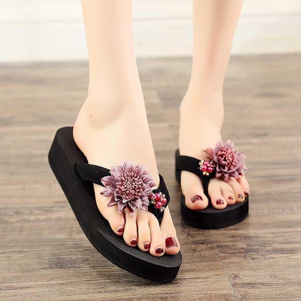 

women summer slippers flower female fashion flip flop flats shoes with beautiful sunflower sweet beach sandals self-designed1, Black