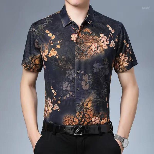 

floral print shirt men 2020 brand new gold bronzing short sleeve chemise homme fancy flower mens dress shirts camisa masculina1, White;black