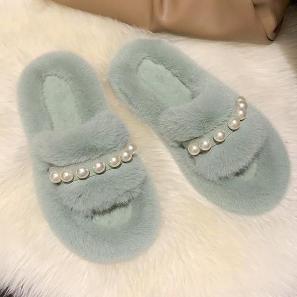 

slippers shoes ladies' fur flip flops platform luxury slides slipers women winter footwear string bead soft plush designer flat, Black