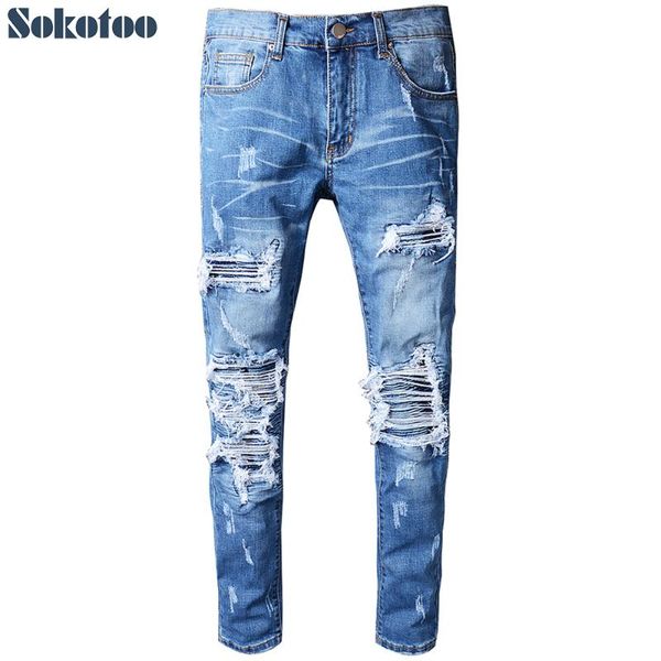 

sokotoo men's blue pleated patchwork hole ripped biker jeans for motorcycle casual distressed stretch denim pants
