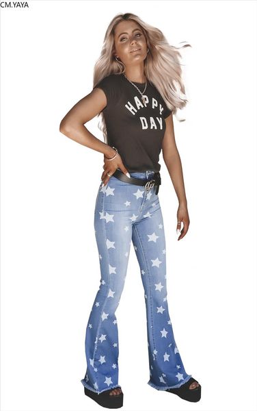 

new women zipper up star print washed high waist wide leg flare jeans fashion classic denim long pants trousers, Blue