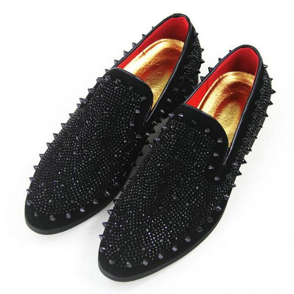 

new fashion men dress shoes punk rivet rhinestone black party wedding shoes pointed toe flats driving loafers