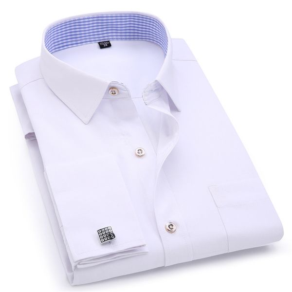 Camisas do vestido dos homens camisas francesas azul branco de manga comprida negócio camisa ocasional magro fit cor sólida cor abotoaduras para 220312