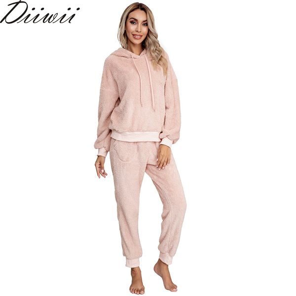 

diiwii new two piece set women ensemble fashion casual pockets plush long sleeve pants home suit 201119, White