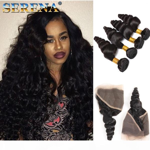 

malaysian loose wave lace frontal with bundles unprocessed human hair weaves with closure bundles and frontal 4 bundles with closure, Black;brown