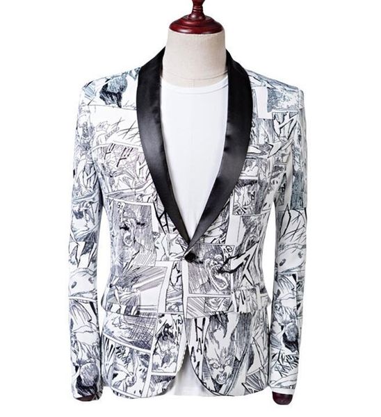 

mens gragon ball printed blazers wedding party fashion jackets coats slim fit shawl collar blazer jackets plus size, White;black