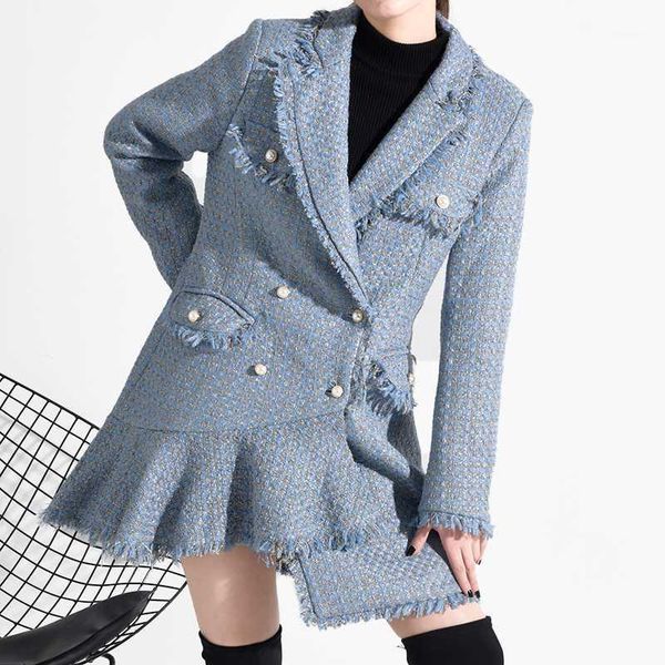 

ewq] korea fashion trends slim women woolen coat 2020 spring autumn new sweet full sleeve double breasted tweed coats qz064051, Black