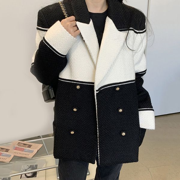 

2021 new korean women's coat chic autumn elegant double-breasted winter coats padded hit color quilted mid-length woolen jackets 7jm6, Black