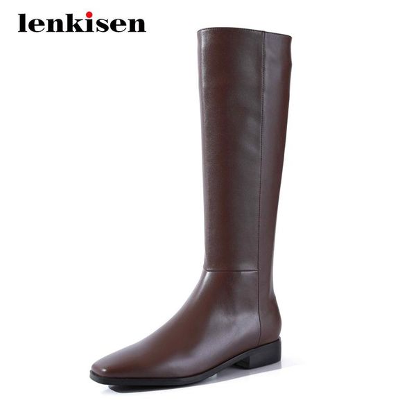 

lenkisen concise style genuine leather all-match square toe thick low heel zipper beauty lady dating fashion knee high boots l20, Black