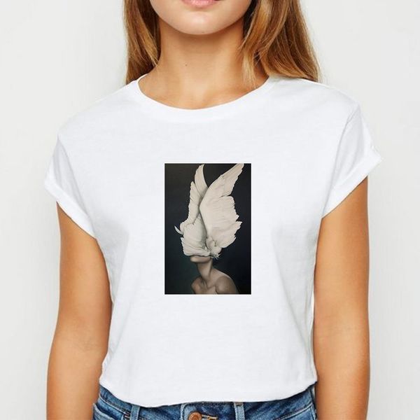 

style vestidos wing feather flower girl tshirt ulzzang spring summer t shirt women oversize o-collar women's shirt t-shirts, White