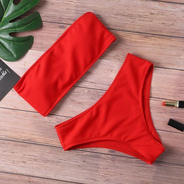 

2020 new bikini women swimwear high waist strapless bikini pure color women swimsuit padded bathing suit monokin1