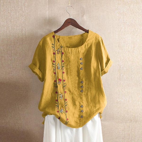 

womens embroidery blouse 2021 zanzea elegant linen tunic female o neck tee shirt summer short sleeve blusa mujer, White