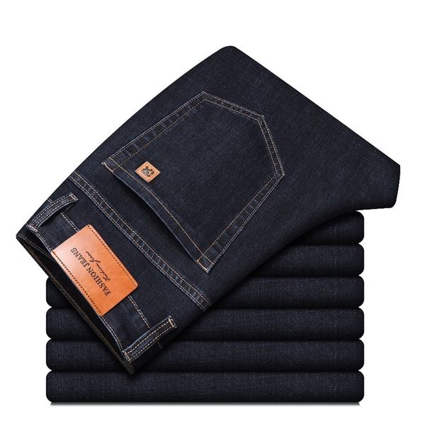 

2021 autumn new office business jeans men classic style blue black cotton stretch straight-leg denim pants male brand trousers q0105, Black;white