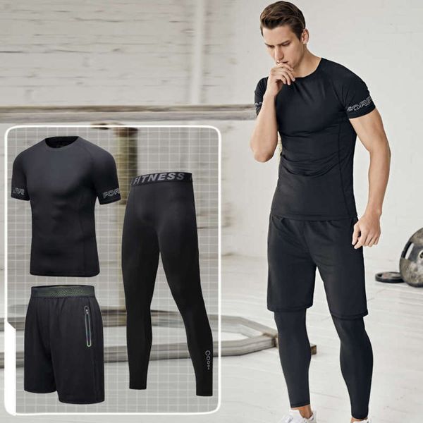 

short fitness sleeve 3-piece men's running tights quick drying sports shorts equipment set basketball suit summer ad95ba, Gray
