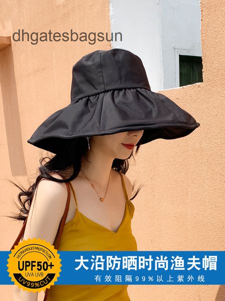 

brand cap and carves ovacy japanese uv sunscreen hat female protection big edge sunshade fisherman summer black glue cover face sun, Blue;gray