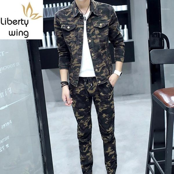 

spring new fashion mens sets camouflage long sleeve man jeans coat biker elasitc waist full length denim trousers1, Gray