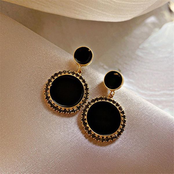 

dangle & chandelier fashion simple round black crystal pendant earrings for woman korean exquisite statement jewelry accessories gift, Silver