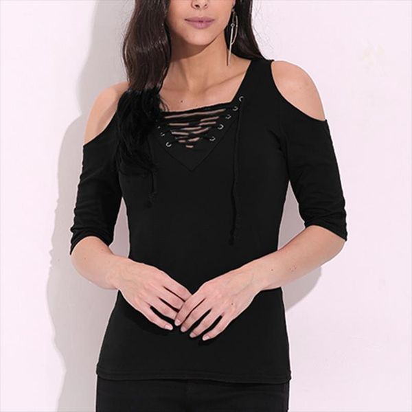 

hollow v neck blouse women casual lace up female off shoulder half sleeve summer plus size chemise shirts, White