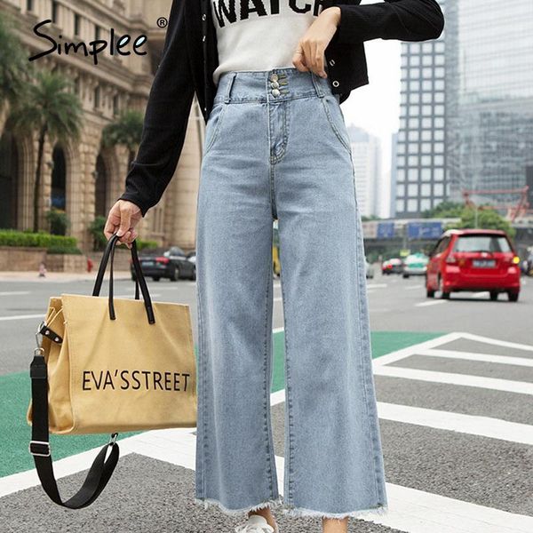 

women high waist jeans spring loose solid denim jeans pants button summer retro ladies chic zipper blue denim pants1
