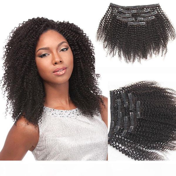 

afro curly clip in hair extensions natural black color kinky curly hair weft with clips virgin human hair, Black;brown