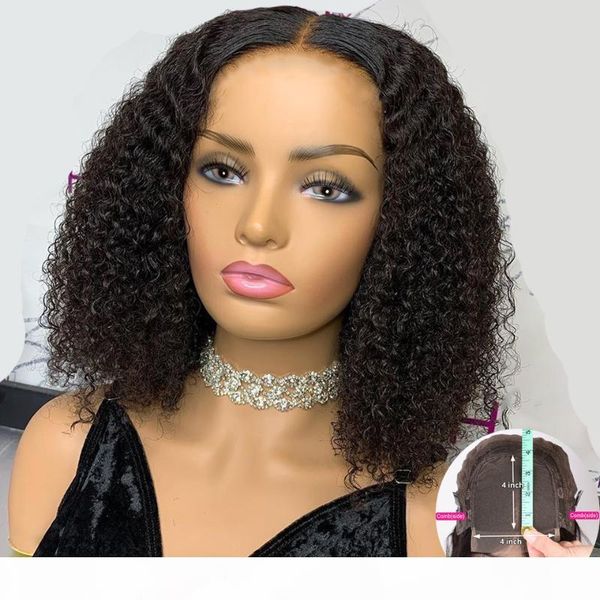 

150% afro kinky curly bob wig 4x4 lace closure wig human hair wigs for women remy black knots brazilian remy hair pre plucked, Black;brown