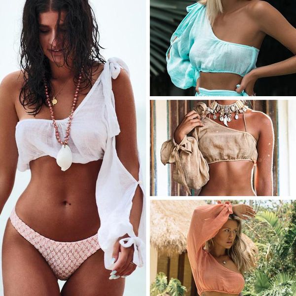 

2020 new bikini cover-up beach-dress long-sleeve gossamer female one-shoulder bandage cover up beach woman beachwear, White;black