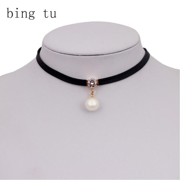 

bing tu simulated pearl pendants necklaces fashion punk black short velvet chokers chockers women torques collar collier femme, Silver