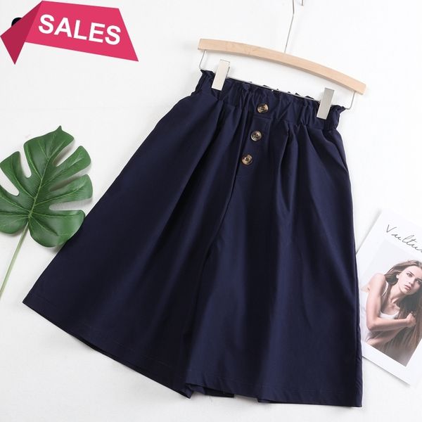 

2021 new big pocket women wide leg button elastic high waist loose pants skirts knee length fashion casual female capri pant tam1, Black;white