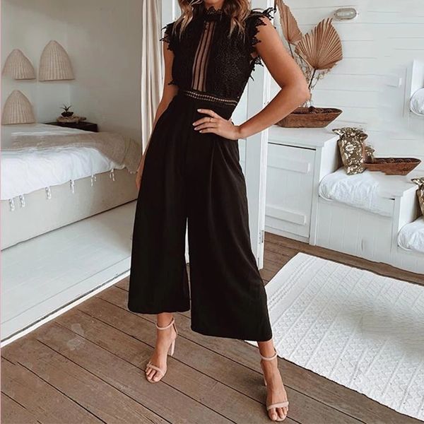 

lace hollow out women's jumpsuit rompers sleeveless backless black white overalls 2020 summer wide leg ruffles playsuits lj200814