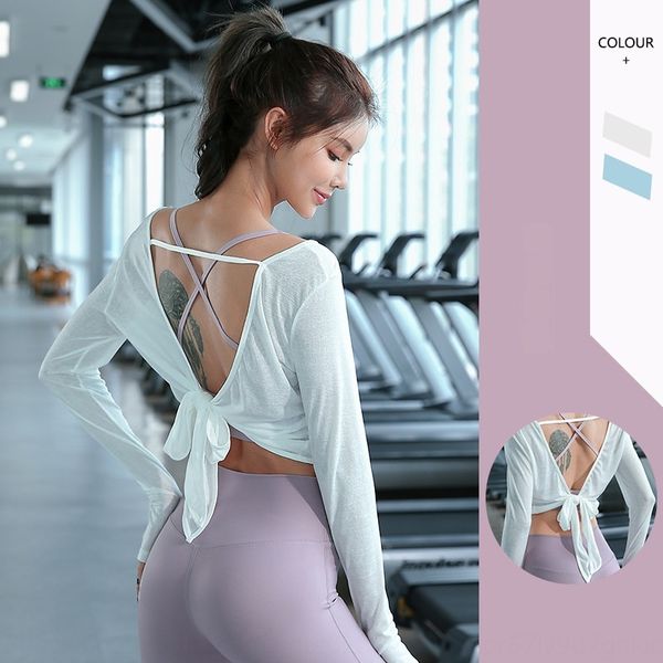 

beauty back exercise fitness exercise fitnessknot long sleeve leaky back smoothie wear sports fitness temperament show thinversatile gy, Gray