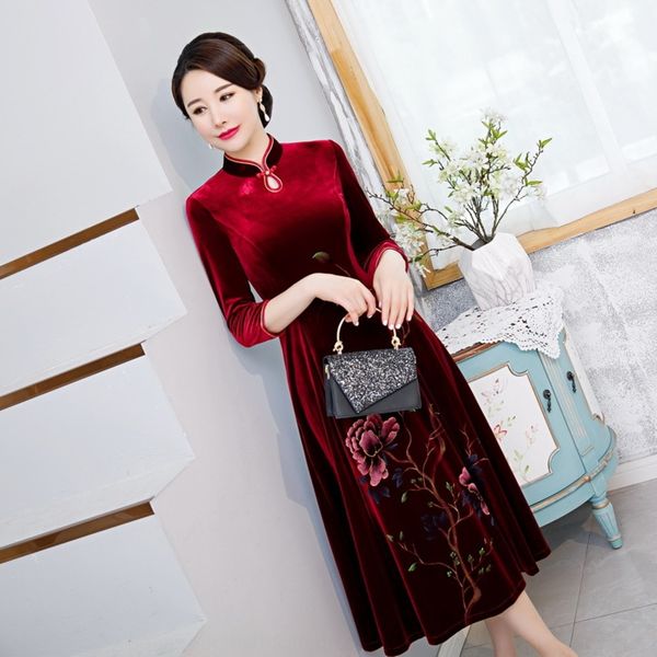 

cxn8k korean cashmere cheongsam improved skirtlong skirt cheongsam aged 2020 new middle skirtautumn and elderly women's dress mother&#0, Black;gray