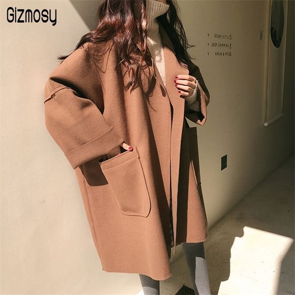 

2020 autumn winter fashion women long style brown black coat female woolen casual solid loose oversize coat plus size ca3274x1020