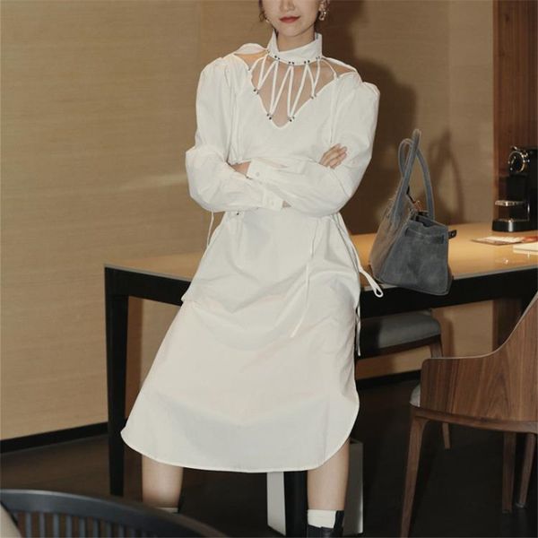 

2021 new long sleeve elegant lace buckle in white metal shirt both sides wear tunic waist outward dressed gkti, Black;gray