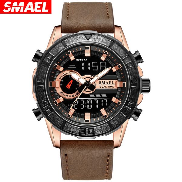 

smael new watch street outdoor waterproof sports leather strap multifunctional electronic watch men's watch, Slivery;brown