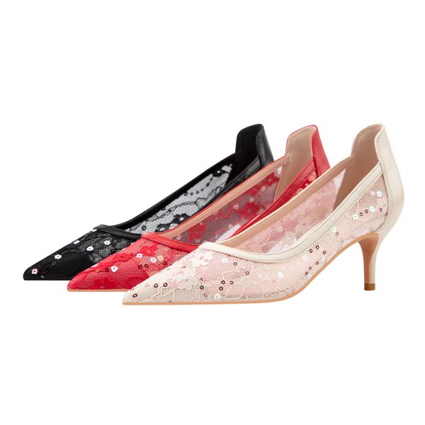 

869-17 dress shoes european and american thin sequins wedding party banquet high heels stiletto pointed toe mesh lace single shoes 6cm, Black