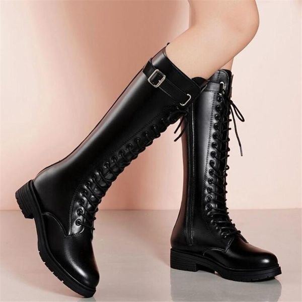 

autumn winter mid-tube women's boots 2020 waterproof platform lace-up high-heeled shoes women's riding boots thick-heeled, Black