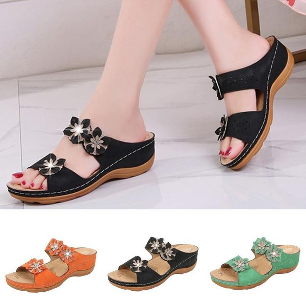 

women slippers ladies summer casual daily platforms floral crystal wedges comfort breathable slippers outdoor shoes plus size, Black
