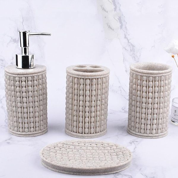 

modern creative resin sandstone hand-polished four-piece bathroom accessories lotion bottle& soap dish & toothbrush holder & cup
