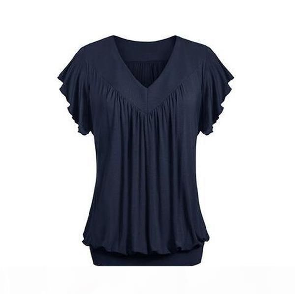 

women's fashion summer solid color loose v-neck short sleeve shirt plus size s-5xl ing, White