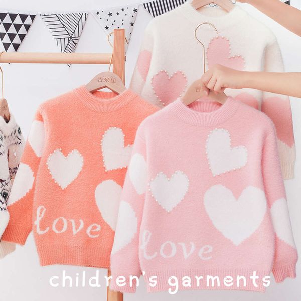 

children's winter new korean autumn and pullover round neck mink veet hand nailed bead girl's thickened sweater, Blue