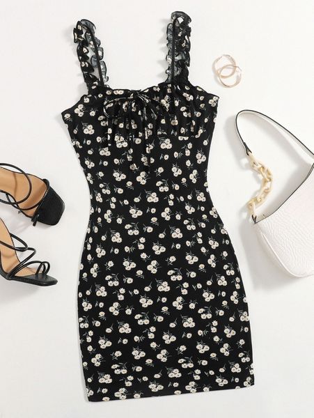 

frilled strap tie front ruched bust daisy floral dress o5gh#, Black;gray